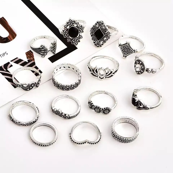 5⭐️ FAV BESTSELLER 15 Piece Silver Midi Ring Set - Picture 4 of 8